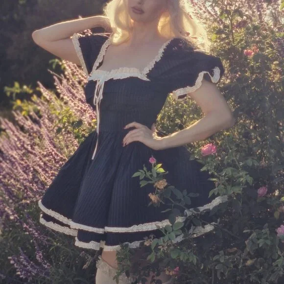 Selkie The Pinstripe Bonny Mini Dress Large Black White Lace Holiday -  coffeafoods.com